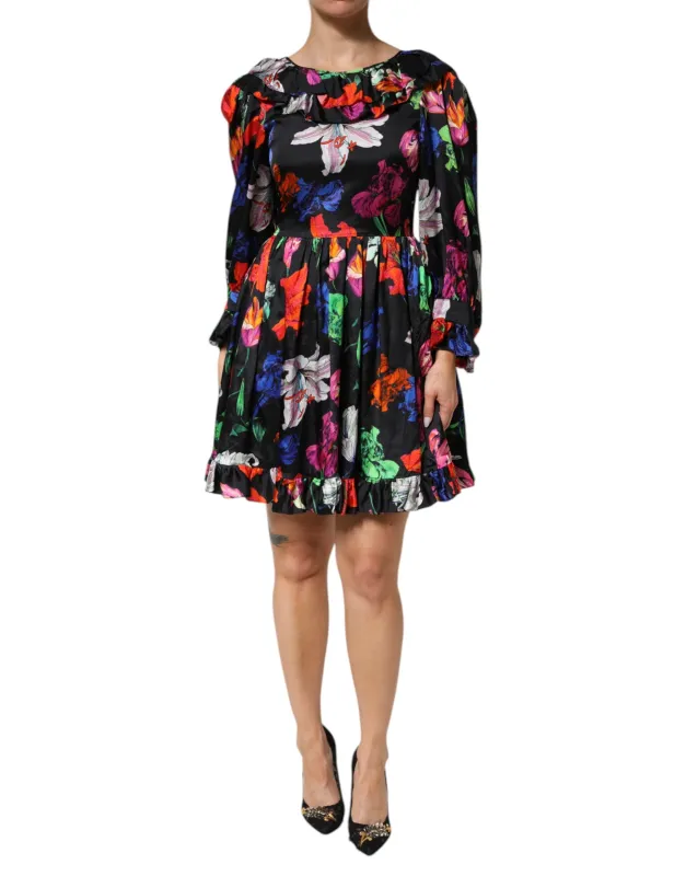 MSGM Dress Black Multicolor Floral Ruffle Long Sleeve Mini Dress sold by Siebentaschen