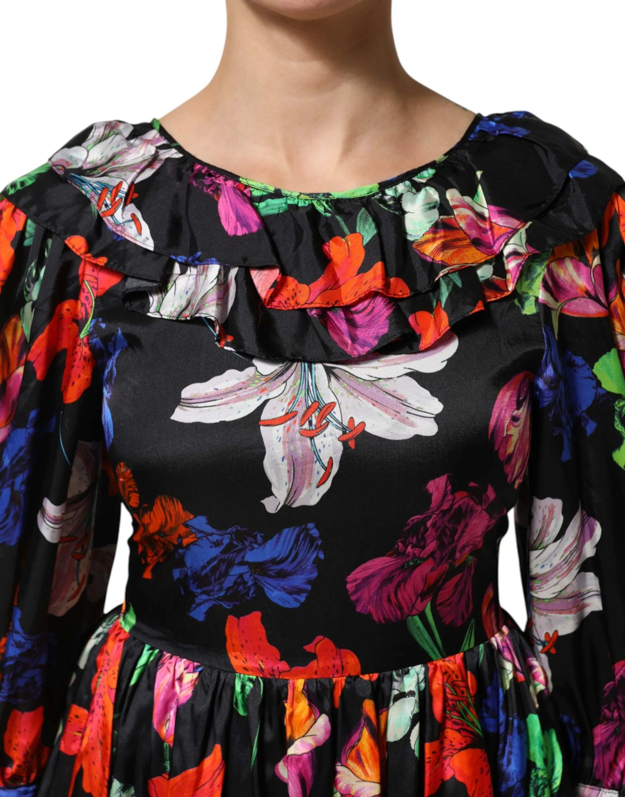MSGM Dress Black Multicolor Floral Ruffle Long Sleeve Mini Dress sold by Siebentaschen product image thumbnail 5