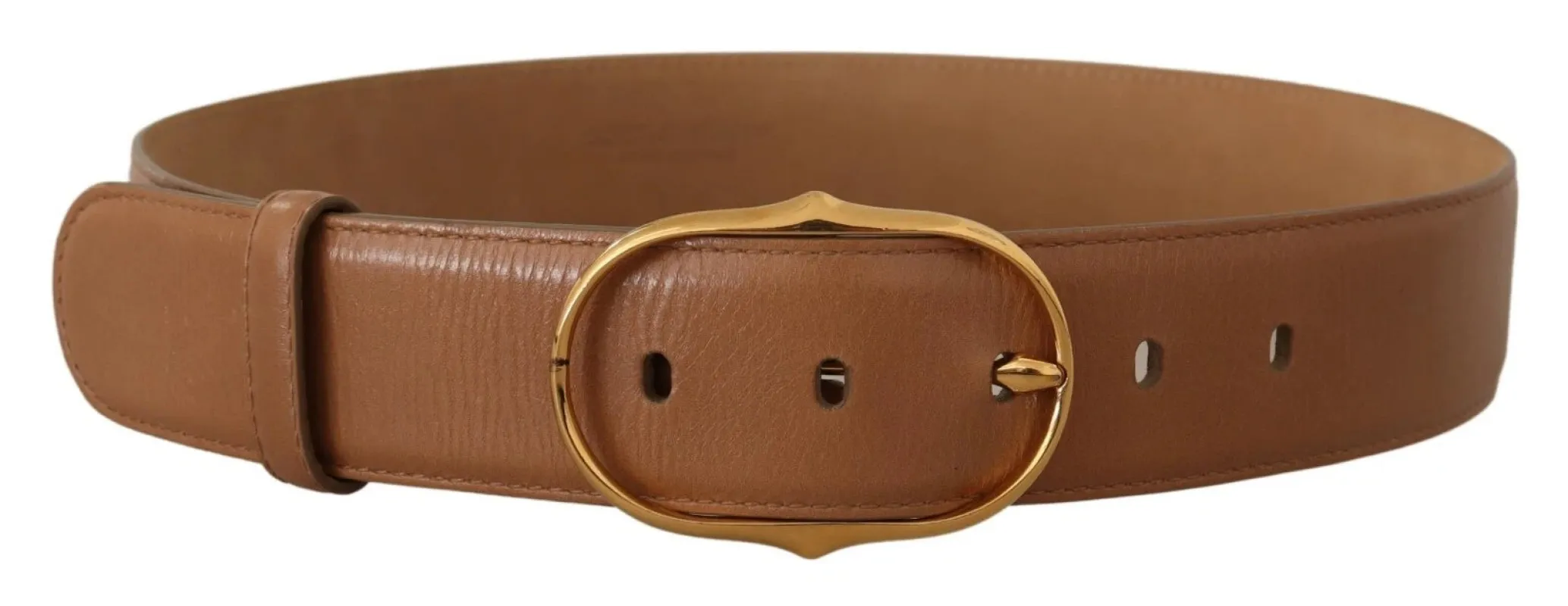 Costume National Brown Leather Gold Metal Oval Buckle Belt sold by Siebentaschen