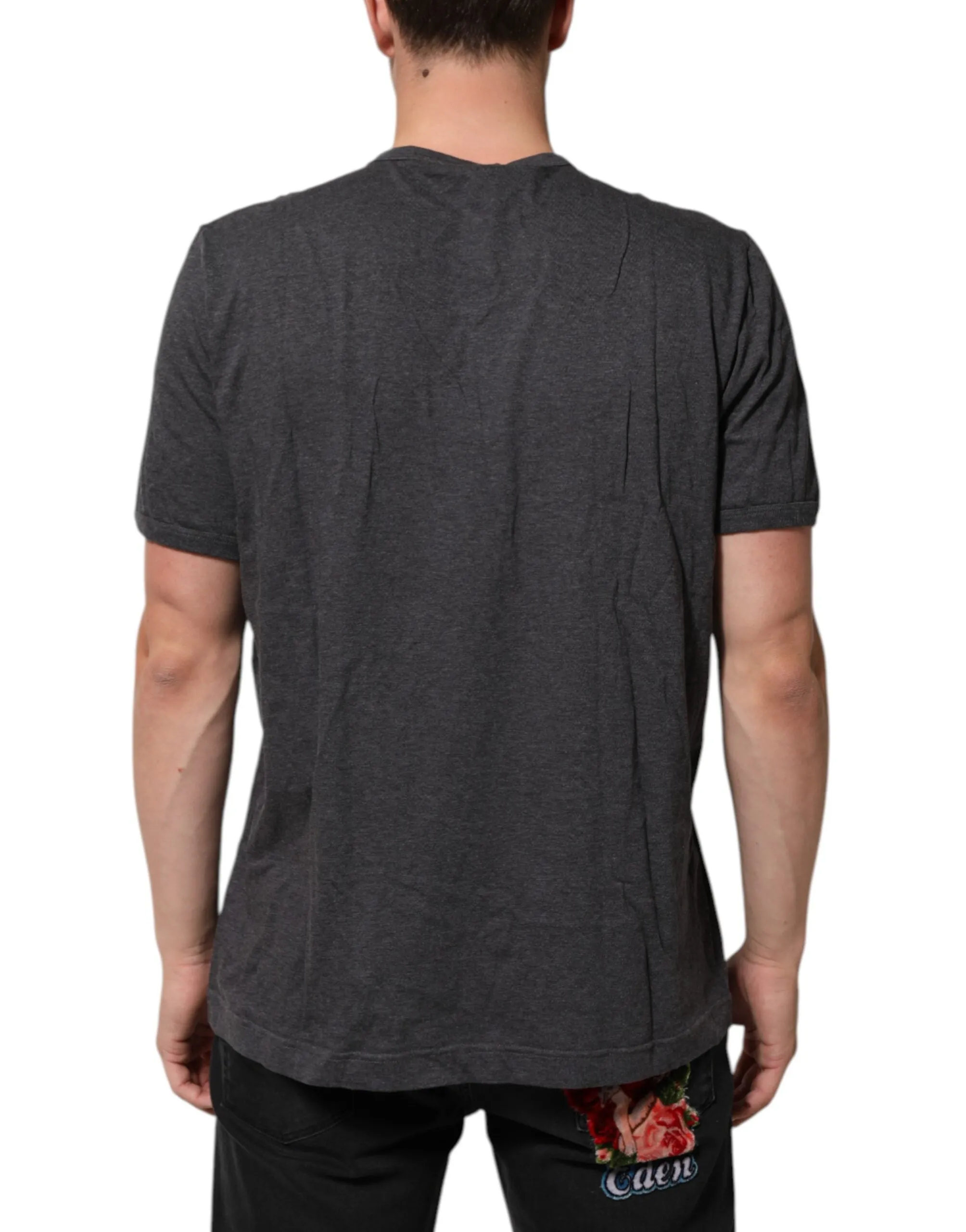Dolce & Gabbana Grey Cotton V-Neck Logo Plaque Melange T-Shirt sold by Siebentaschen product image thumbnail 4