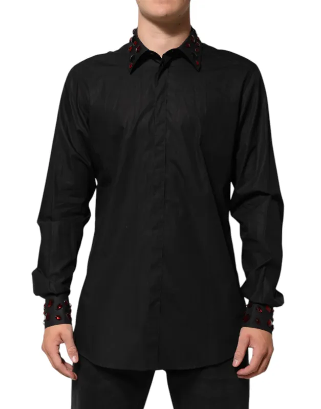 Dolce & Gabbana Black Cotton Embellished Collar Men’s Shirt sold by Siebentaschen