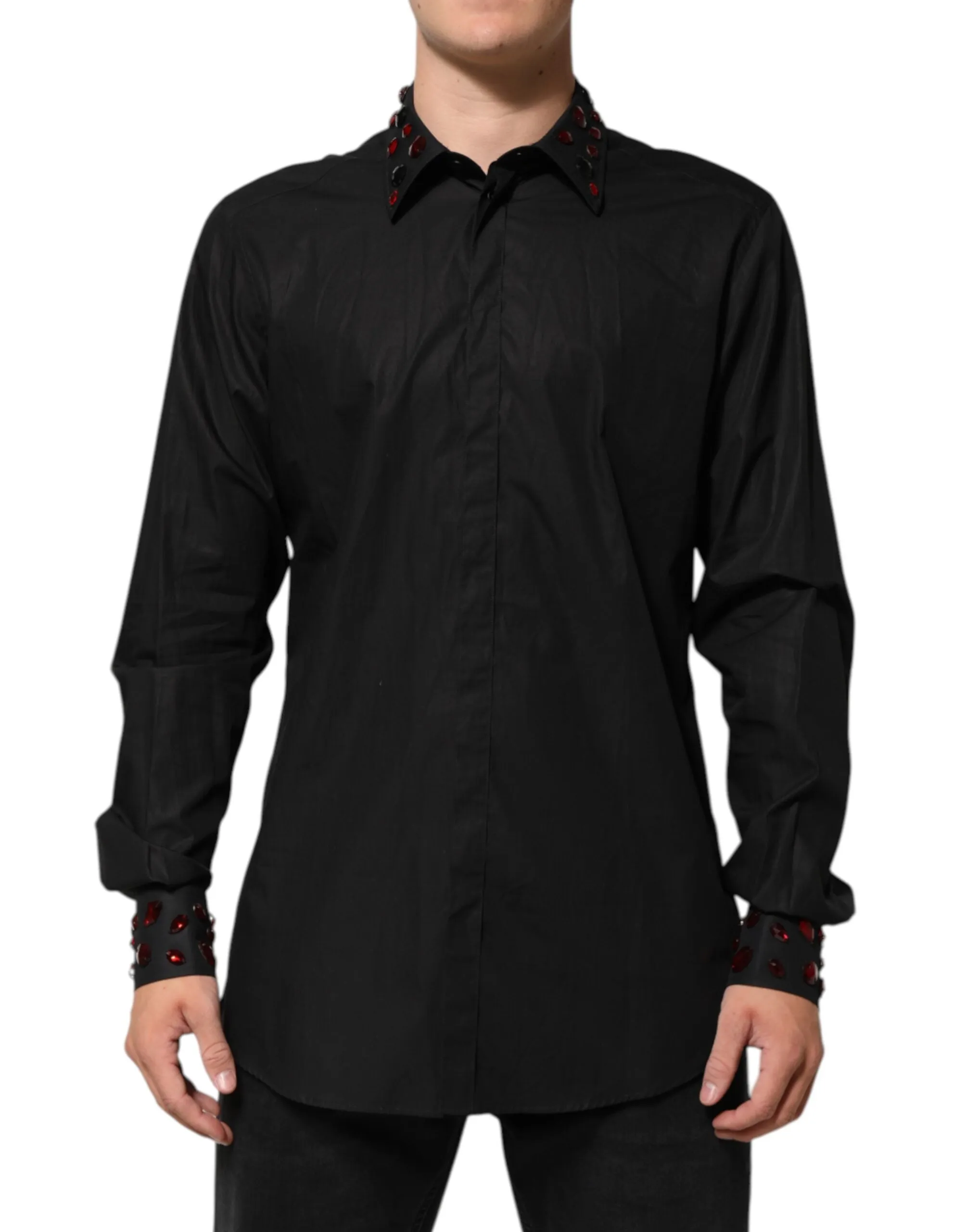 Dolce & Gabbana Black Cotton Embellished Collar Men’s Shirt sold by Siebentaschen