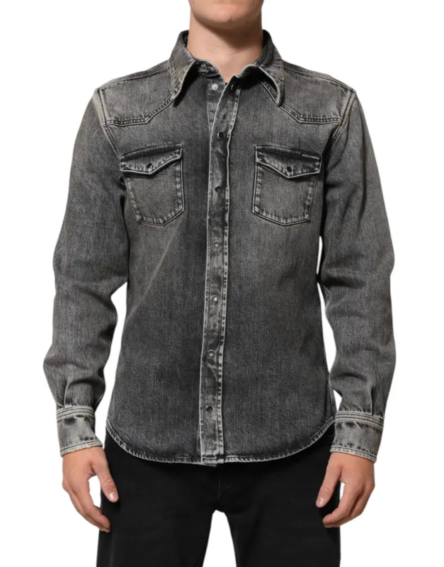 Dolce & Gabbana Black Washed Cotton Snap Long Sleeve Casual Shirt sold by Siebentaschen