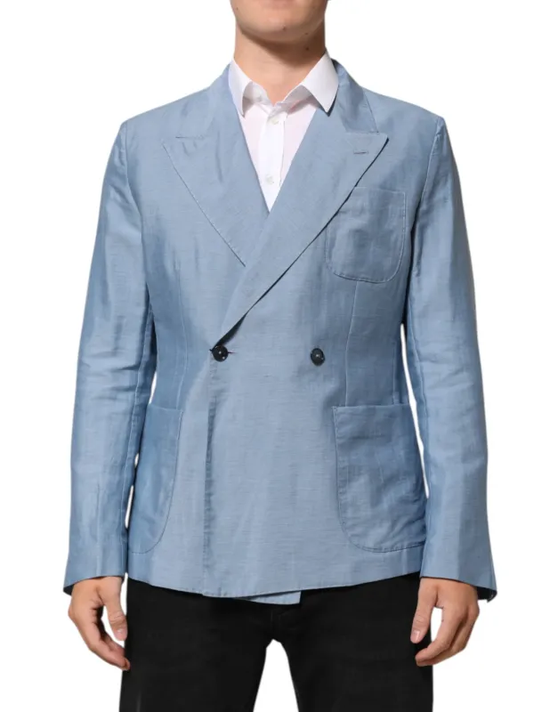 Dolce & Gabbana Light Blue Linen Double Breasted Men Jacket Blazer sold by Siebentaschen