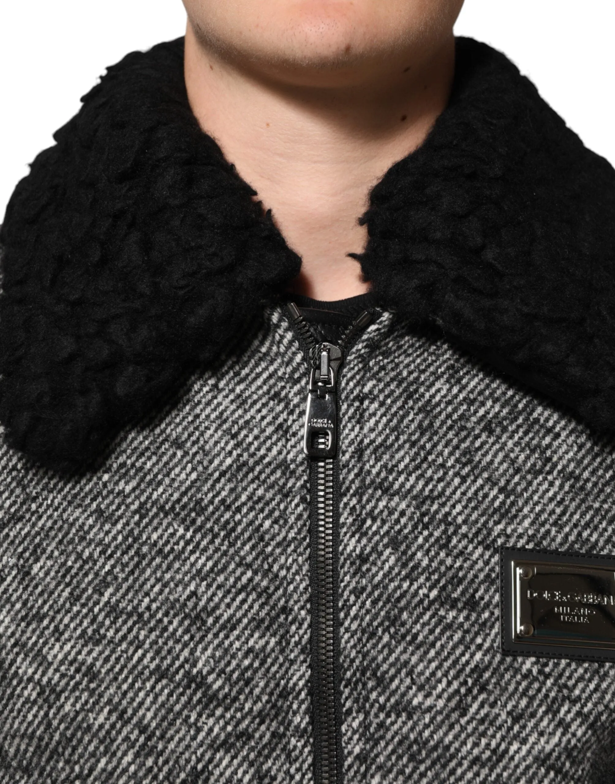 Dolce & Gabbana Gray Wool Herringbone Shearling Collar Bomber Jacket sold by Siebentaschen product image thumbnail 5