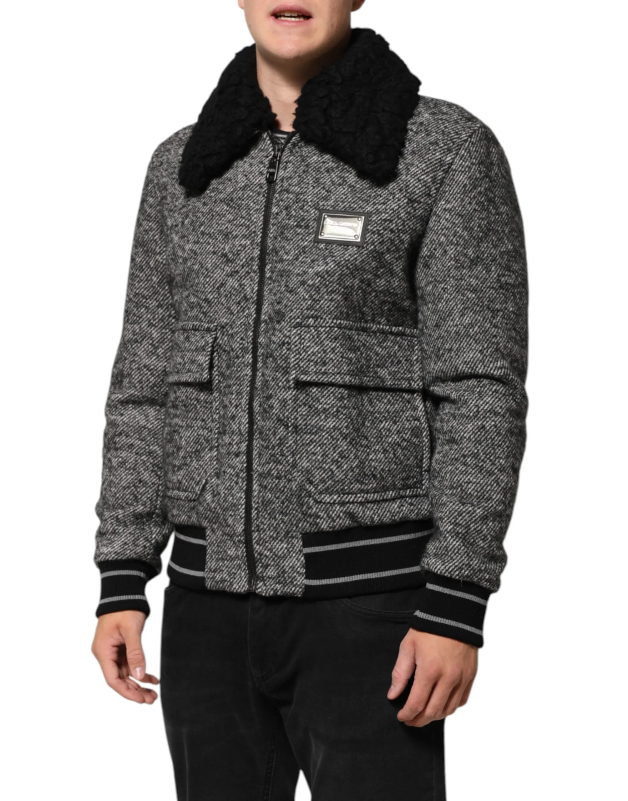 Dolce & Gabbana Gray Wool Herringbone Shearling Collar Bomber Jacket sold by Siebentaschen product image thumbnail 3