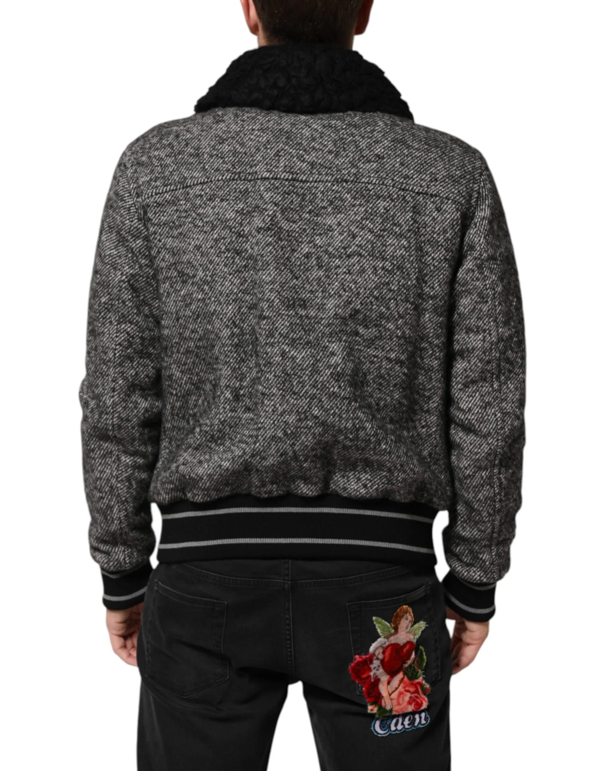 Dolce & Gabbana Gray Wool Herringbone Shearling Collar Bomber Jacket sold by Siebentaschen product image thumbnail 4