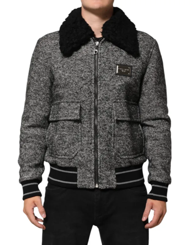 Dolce & Gabbana Gray Wool Herringbone Shearling Collar Bomber Jacket sold by Siebentaschen