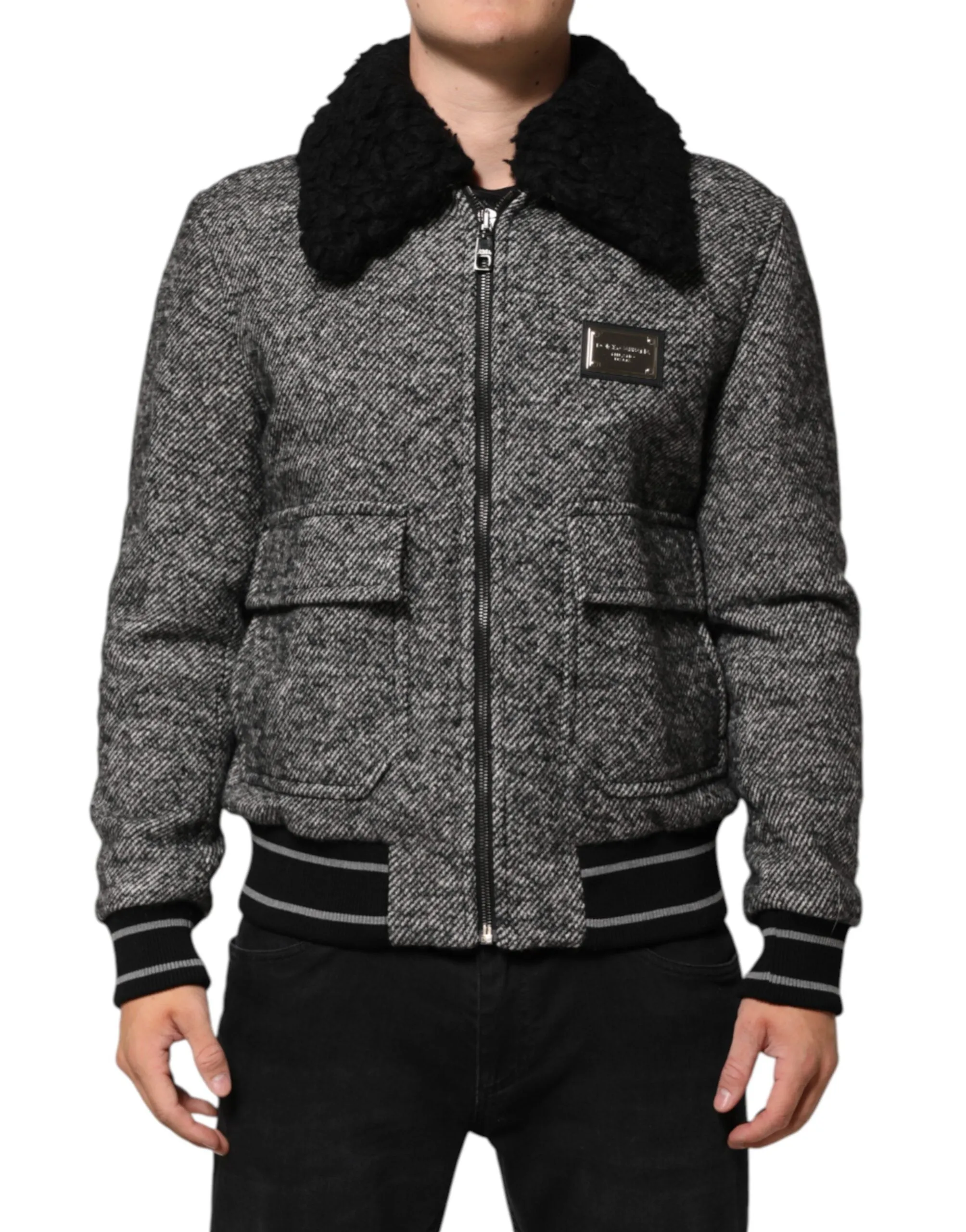 Dolce & Gabbana Gray Wool Herringbone Shearling Collar Bomber Jacket sold by Siebentaschen