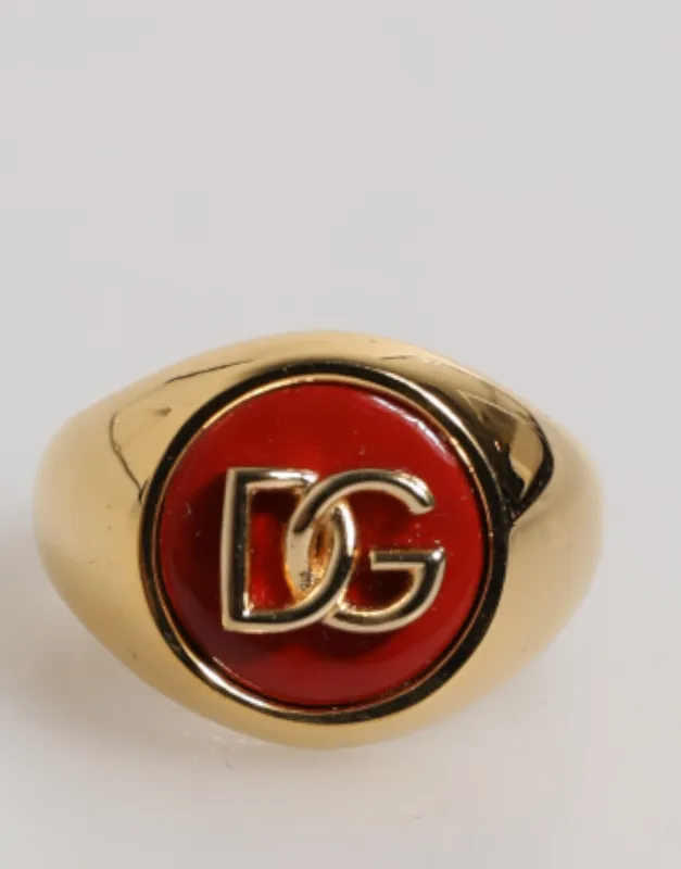 Dolce & Gabbana Gold Tone Real Brass Round Red DG Logo Men Ring sold by Siebentaschen