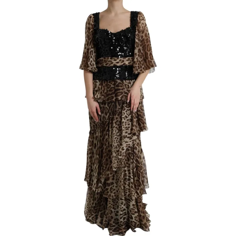 Dolce & Gabbana Leopard Print Silk Sequin Ruffle Maxi Dress sold by Siebentaschen