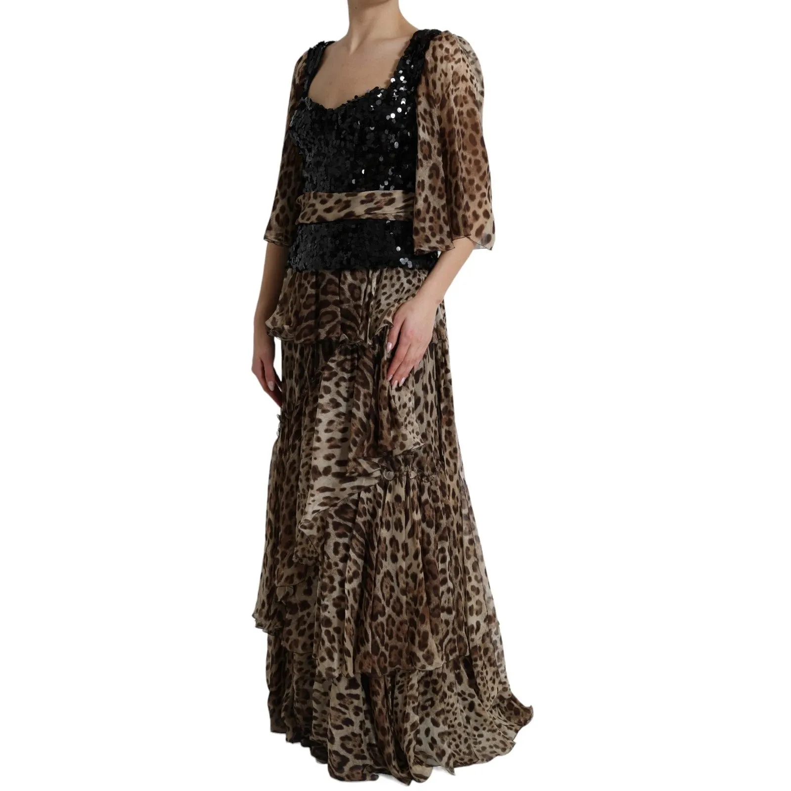 Dolce & Gabbana Leopard Print Silk Sequin Ruffle Maxi Dress sold by Siebentaschen product image thumbnail 3
