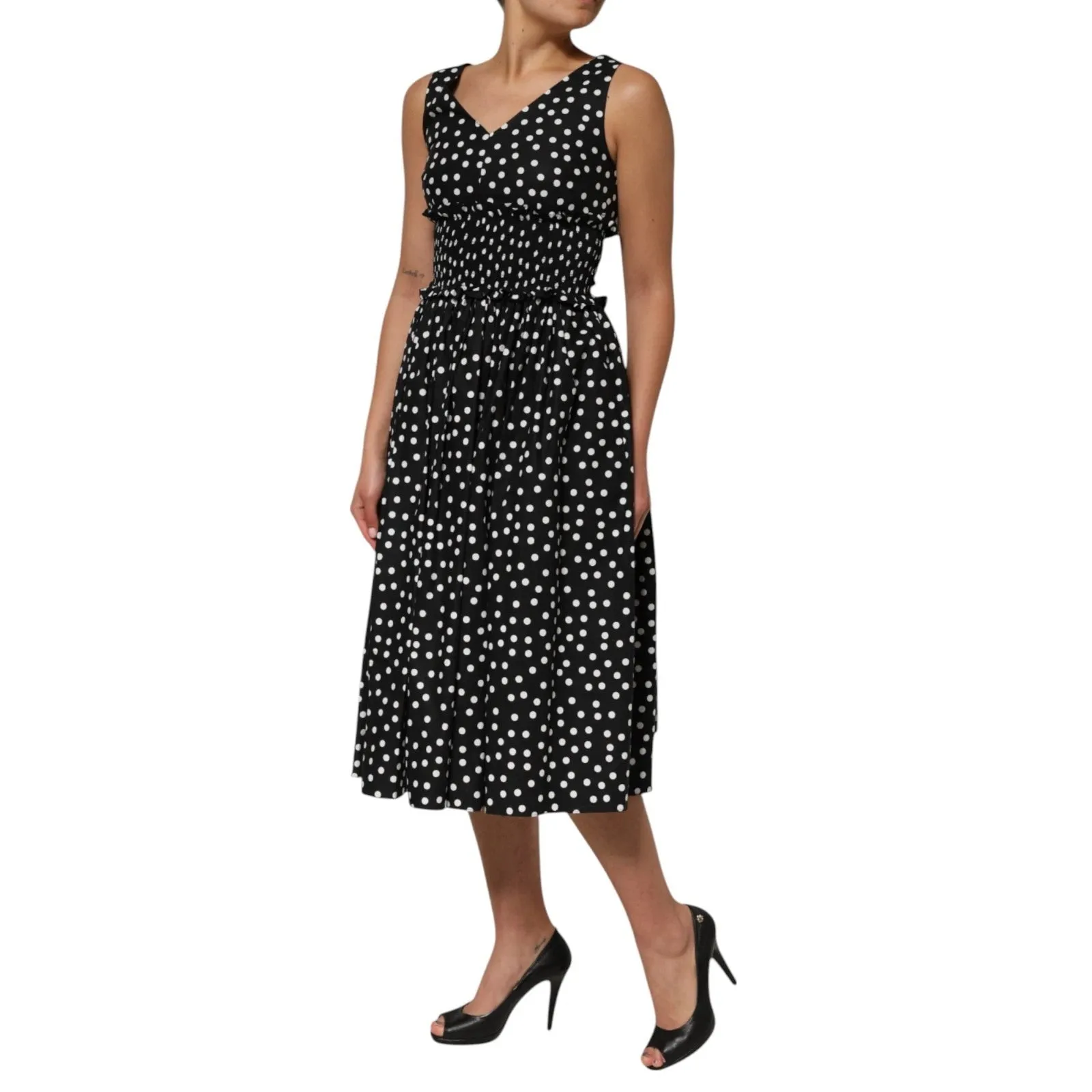 Dolce & Gabbana Black White Cotton Polka Dot Print V Neck Dress sold by Siebentaschen product image thumbnail 3