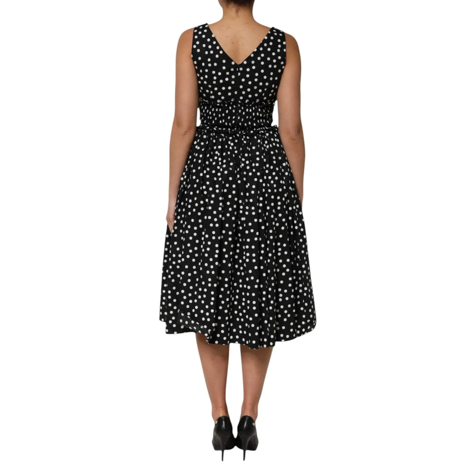 Dolce & Gabbana Black White Cotton Polka Dot Print V Neck Dress sold by Siebentaschen product image thumbnail 4