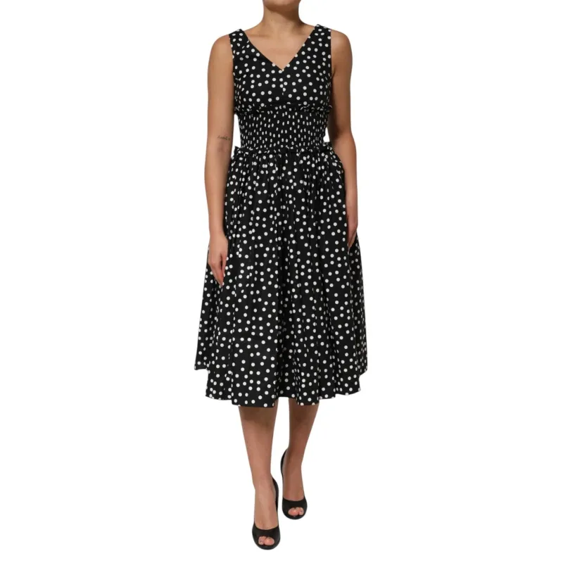 Dolce & Gabbana Black White Cotton Polka Dot Print V Neck Dress sold by Siebentaschen