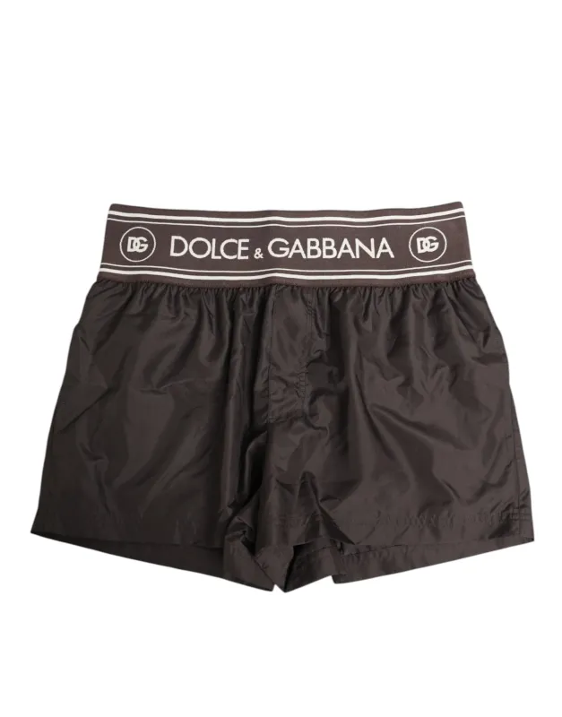 Dolce & Gabbana Brown Polyester Logo Elastic Waistband Swimwear sold by Siebentaschen