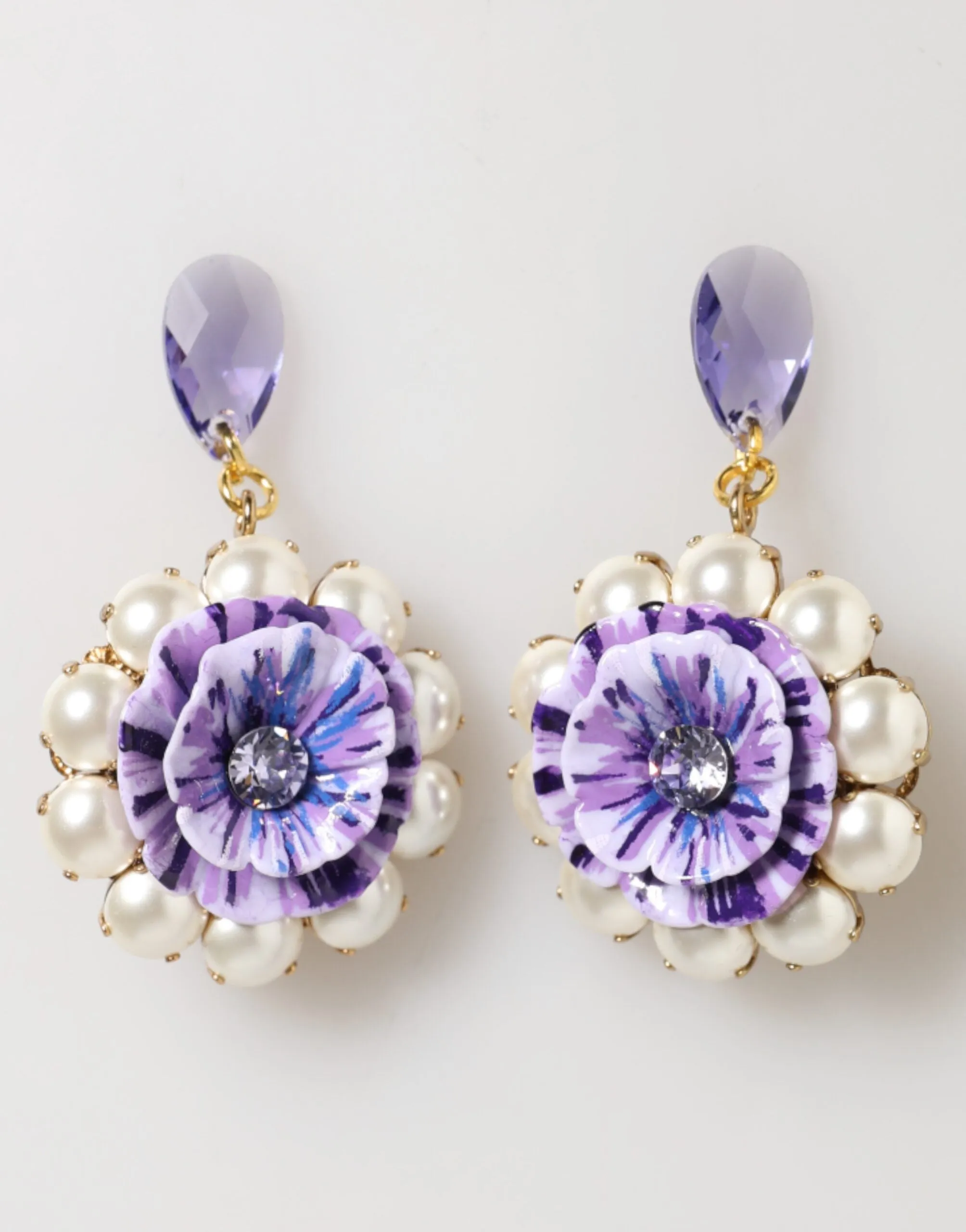 Dolce & Gabbana Purple Floral Crystal Pearl Drop Clip-On Statement Earrings sold by Siebentaschen