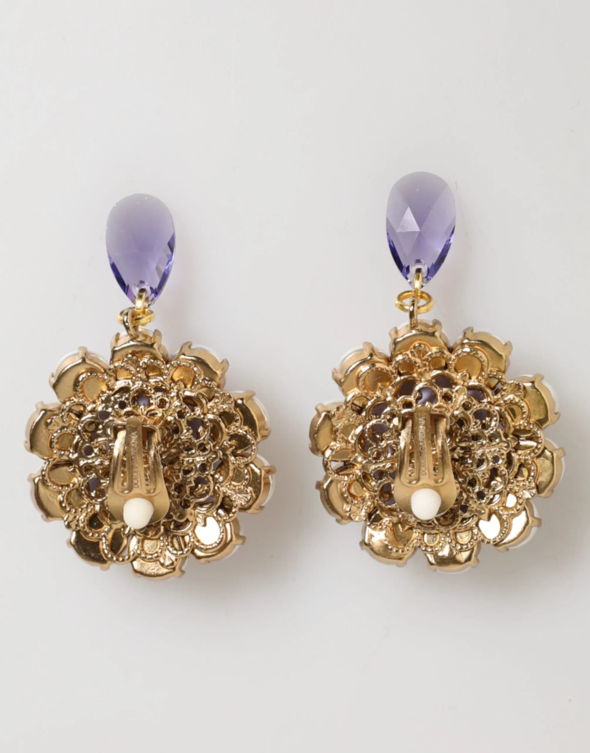 Dolce & Gabbana Purple Floral Crystal Pearl Drop Clip-On Statement Earrings sold by Siebentaschen product image thumbnail 5
