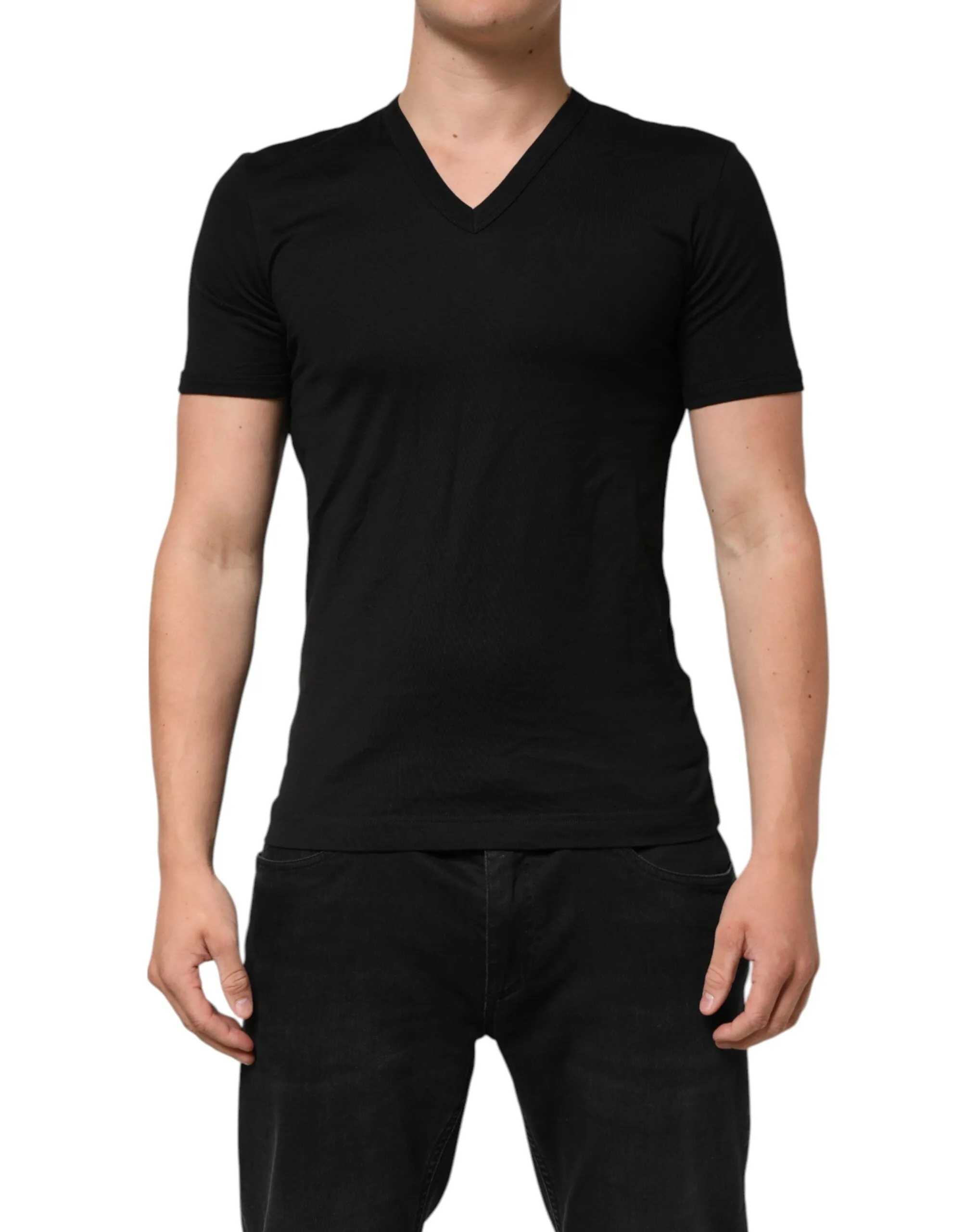 Dolce & Gabbana Black Cotton Plain V-Neck Men Shirt T-shirt sold by Siebentaschen