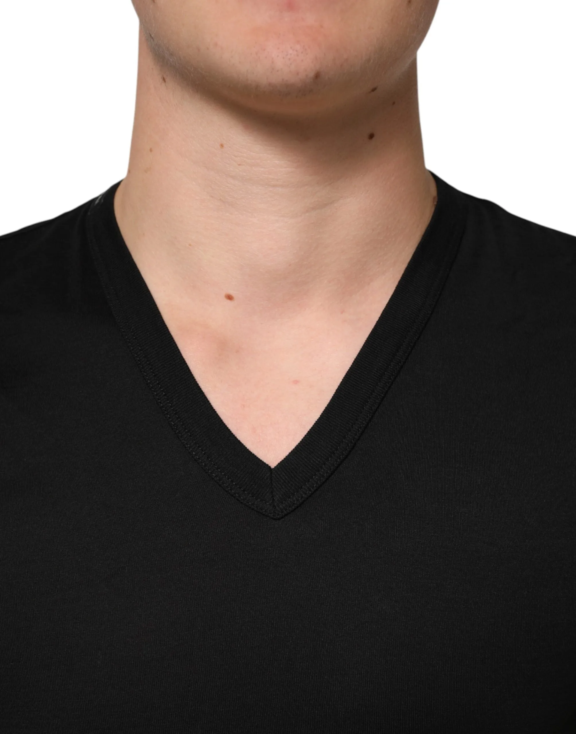 Dolce & Gabbana Black Cotton Plain V-Neck Men Shirt T-shirt sold by Siebentaschen product image thumbnail 5