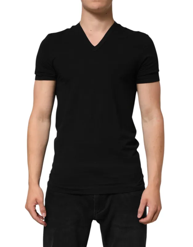 Dolce & Gabbana Black Cotton Slim Fit Men V-Neck Shirt T-shirt sold by Siebentaschen