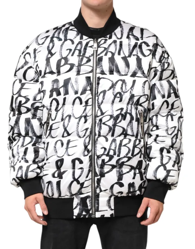 Dolce & Gabbana White Black Graffiti Logo Puffer Bomber Jacket sold by Siebentaschen