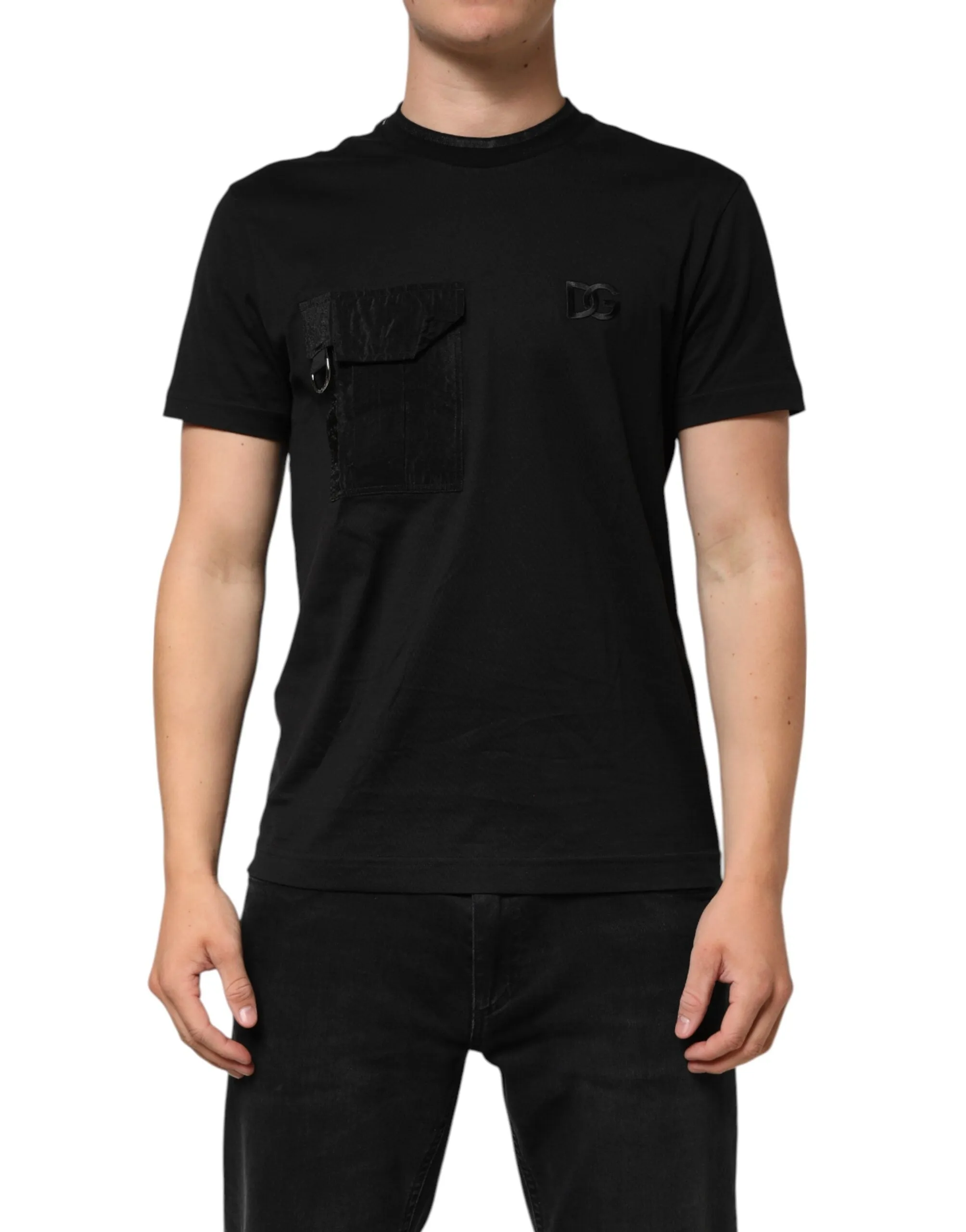 Dolce & Gabbana Black Cotton Embroidered DG Logo Pocket T-shirt sold by Siebentaschen