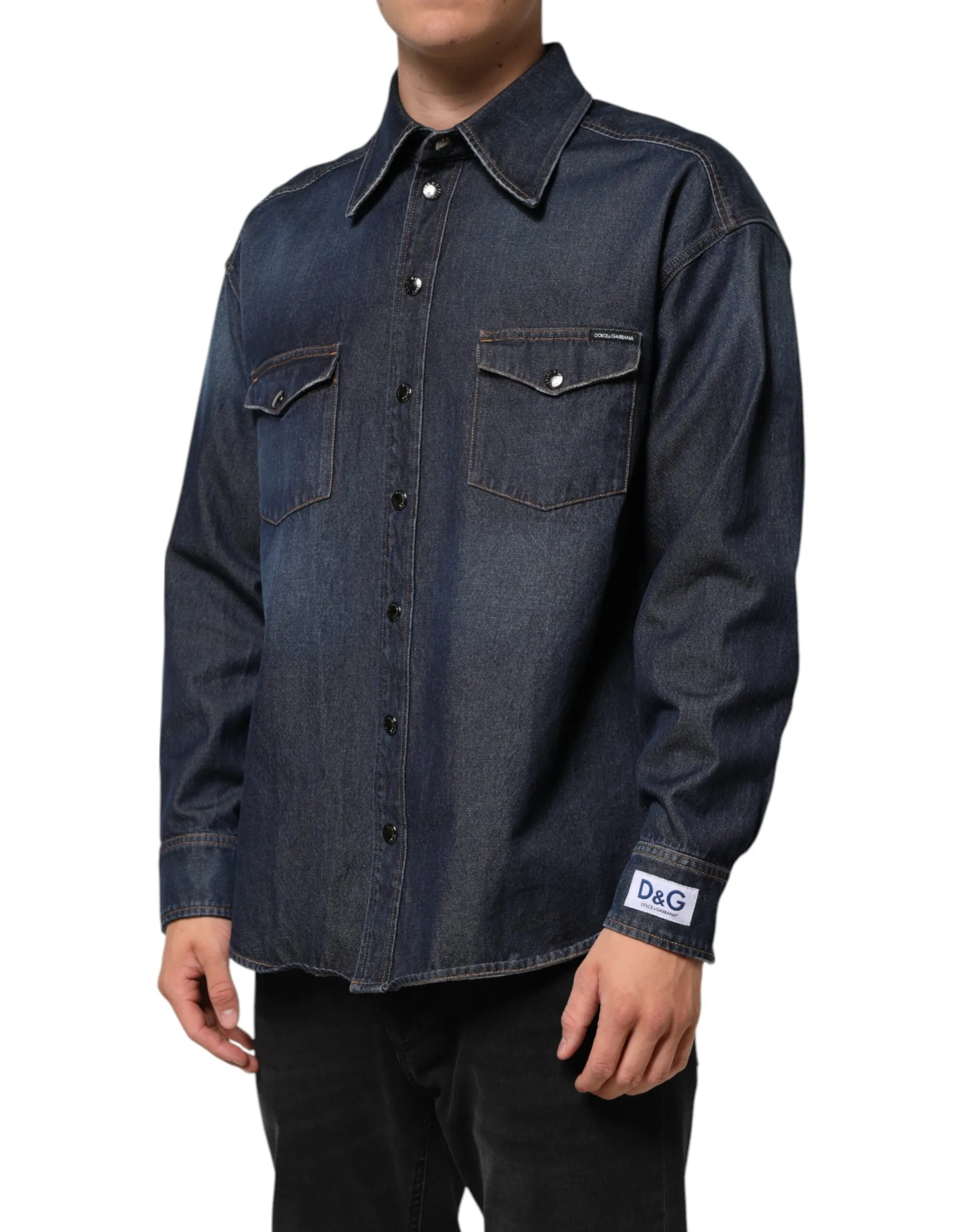 Dolce & Gabbana Blue Denim Button Casual Logo Patch Men Shirt sold by Siebentaschen product image thumbnail 3