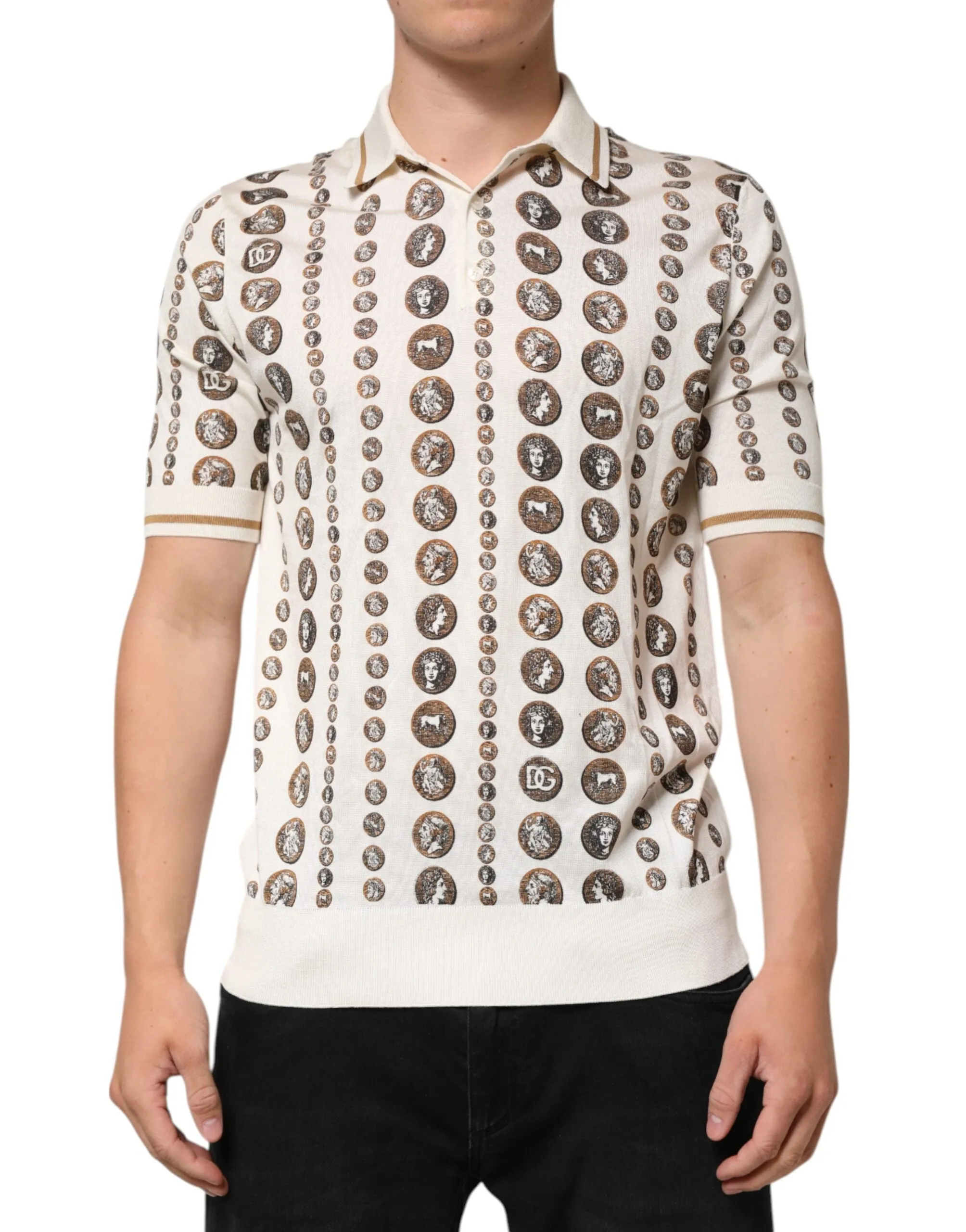 Dolce & Gabbana Silk Ivory Coin Print Logo Men Polo T-shirt sold by Siebentaschen