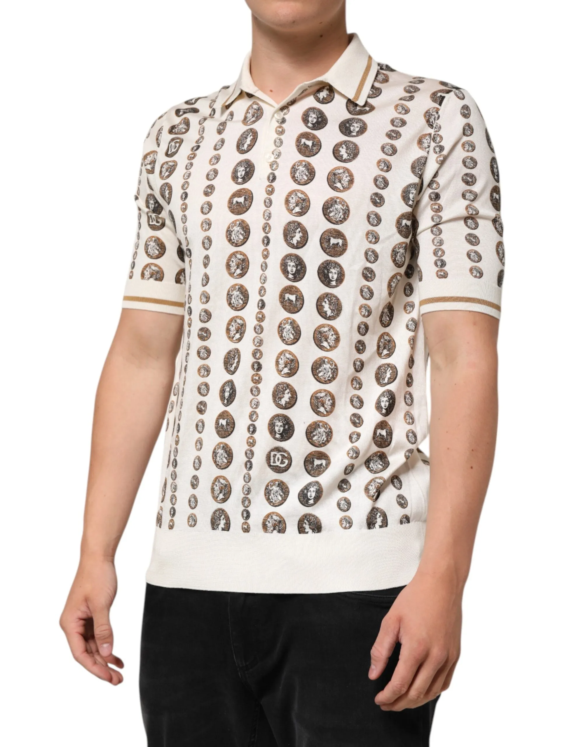 Dolce & Gabbana Silk Ivory Coin Print Logo Men Polo T-shirt sold by Siebentaschen product image thumbnail 3