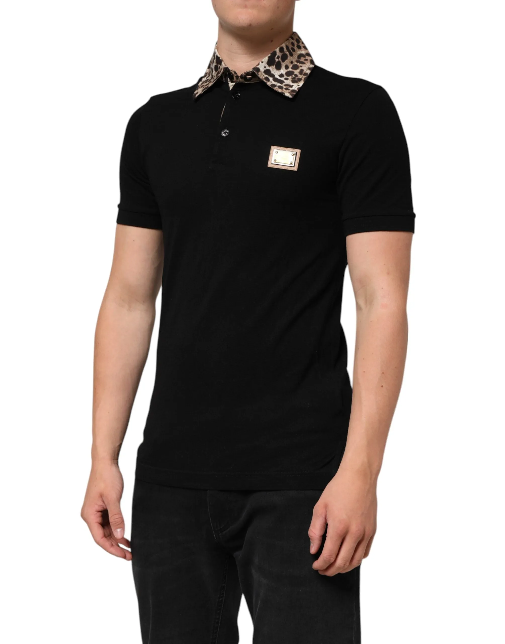 Dolce & Gabbana Black Cotton Leopard Collar Polo T-shirt sold by Siebentaschen product image thumbnail 3