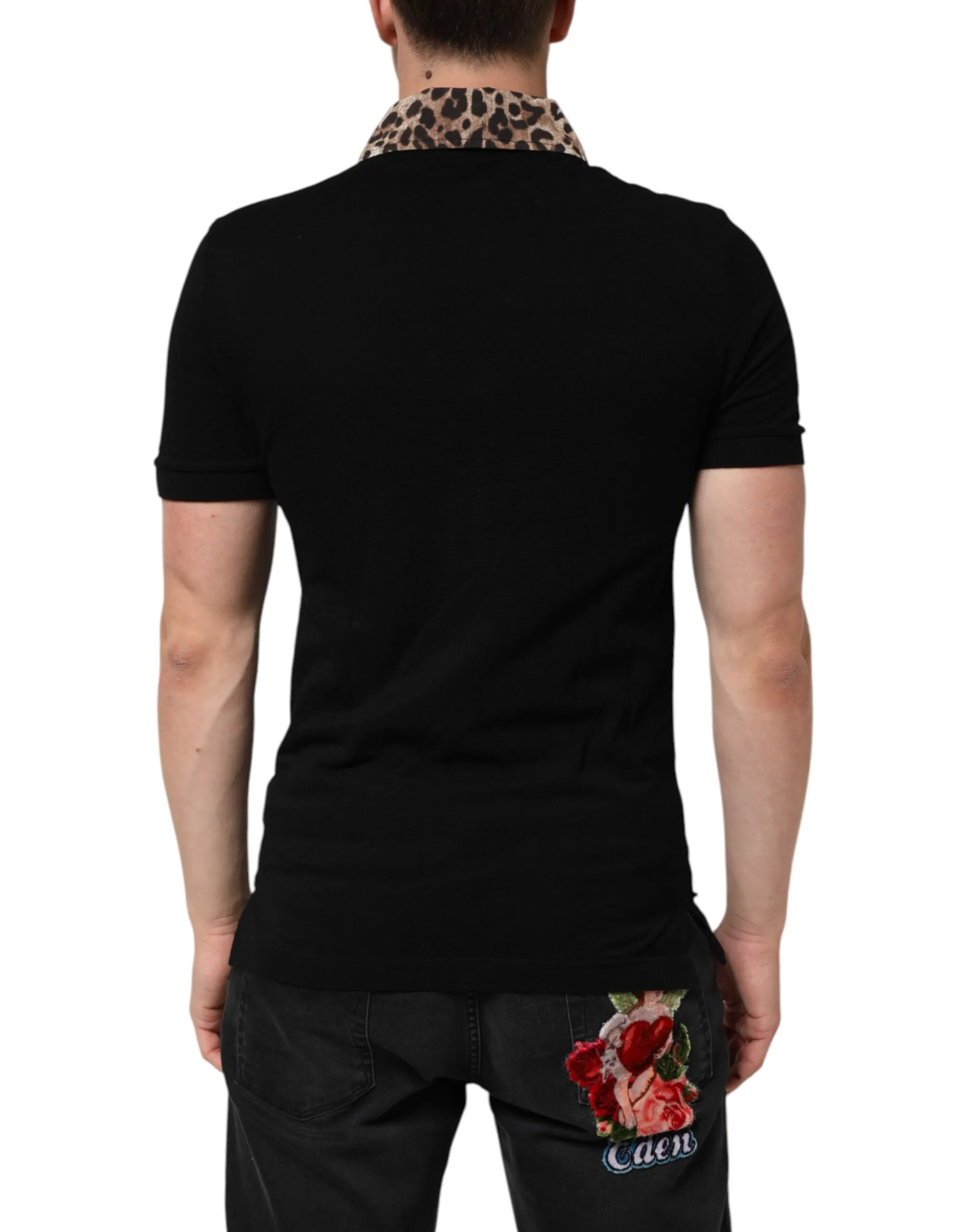 Dolce & Gabbana Black Cotton Leopard Collar Polo T-shirt sold by Siebentaschen product image thumbnail 4