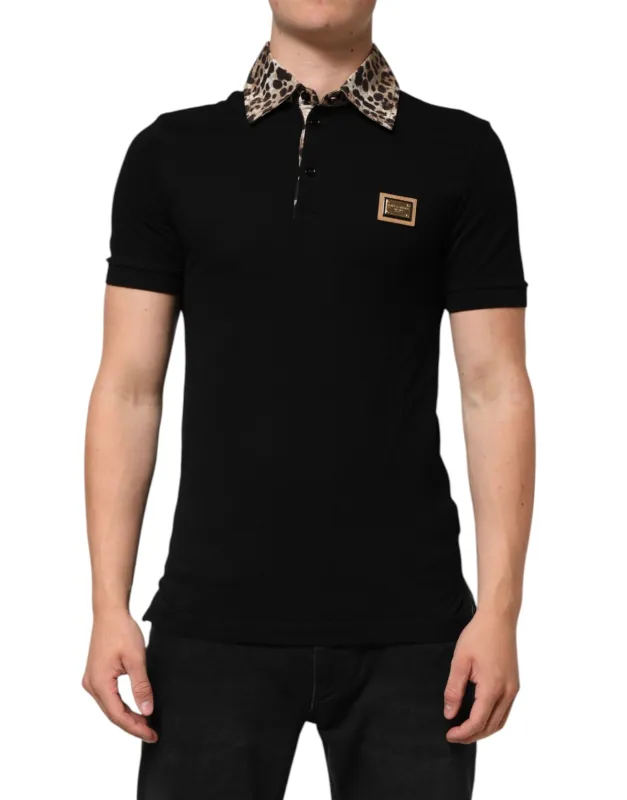 Dolce & Gabbana Black Cotton Leopard Collar Polo T-shirt sold by Siebentaschen