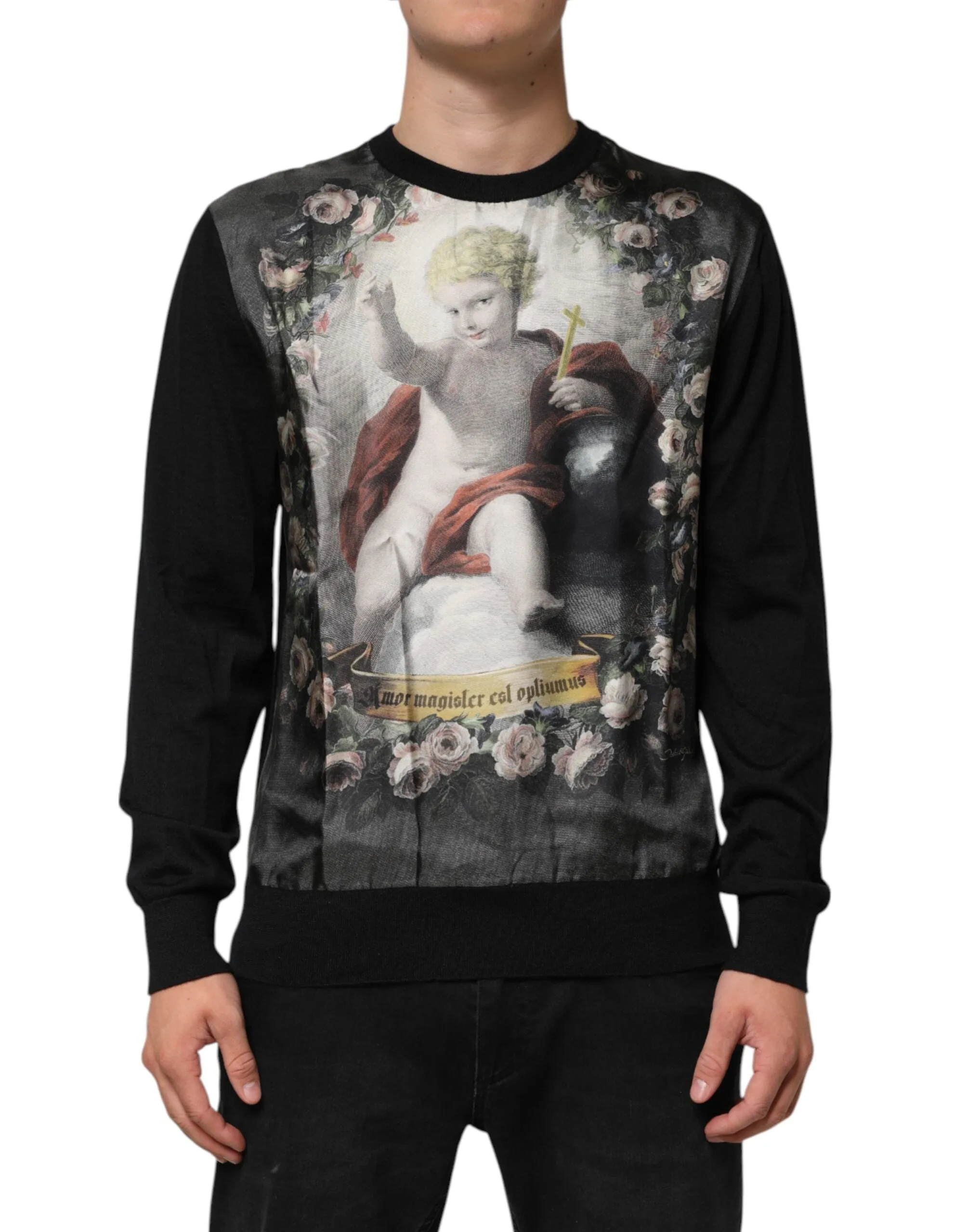 Dolce & Gabbana Black Cashmere Cherub Print Baroque Sweater sold by Siebentaschen