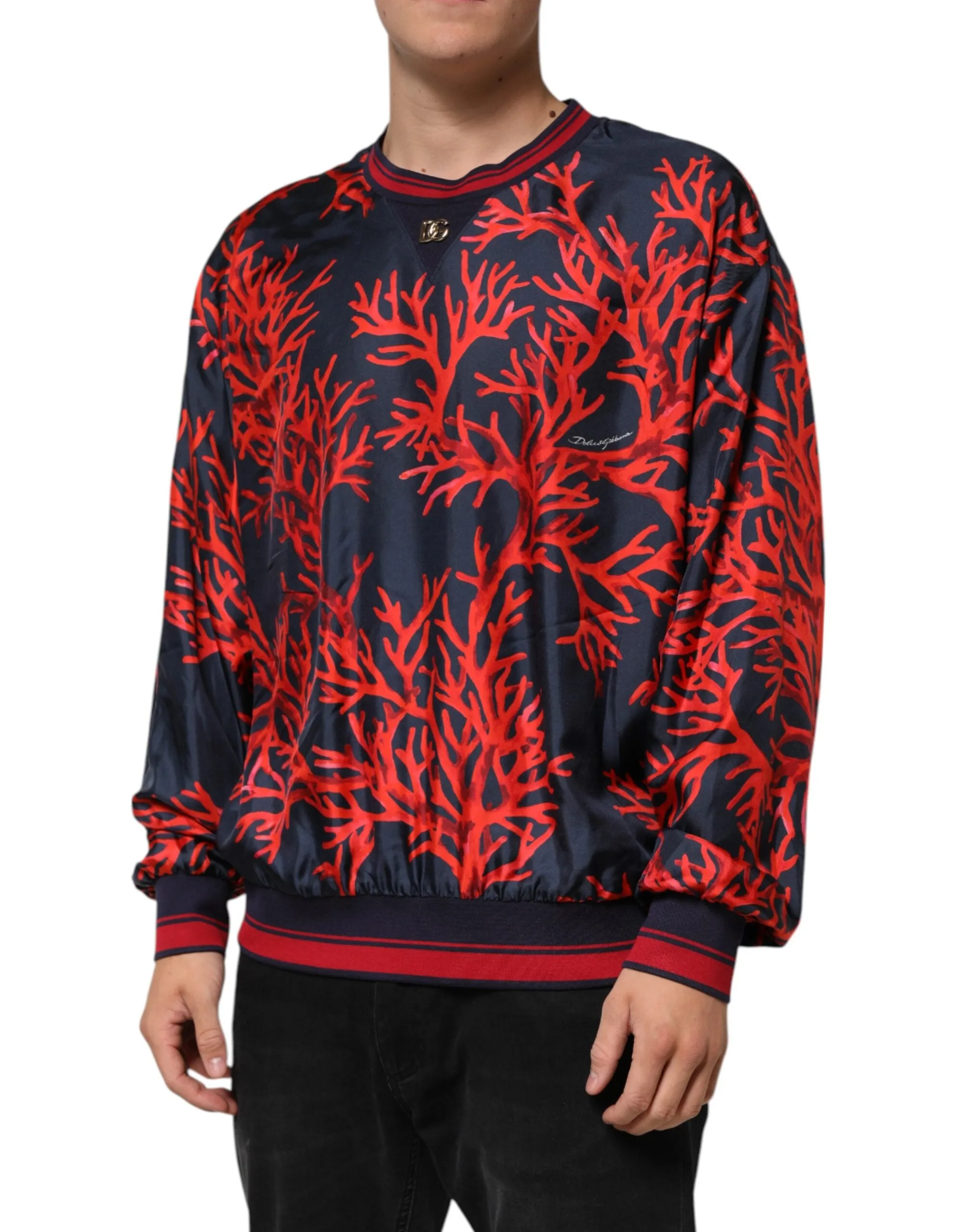 Dolce & Gabbana Silk Navy Red Coral Print Pullover Sweater sold by Siebentaschen product image thumbnail 3