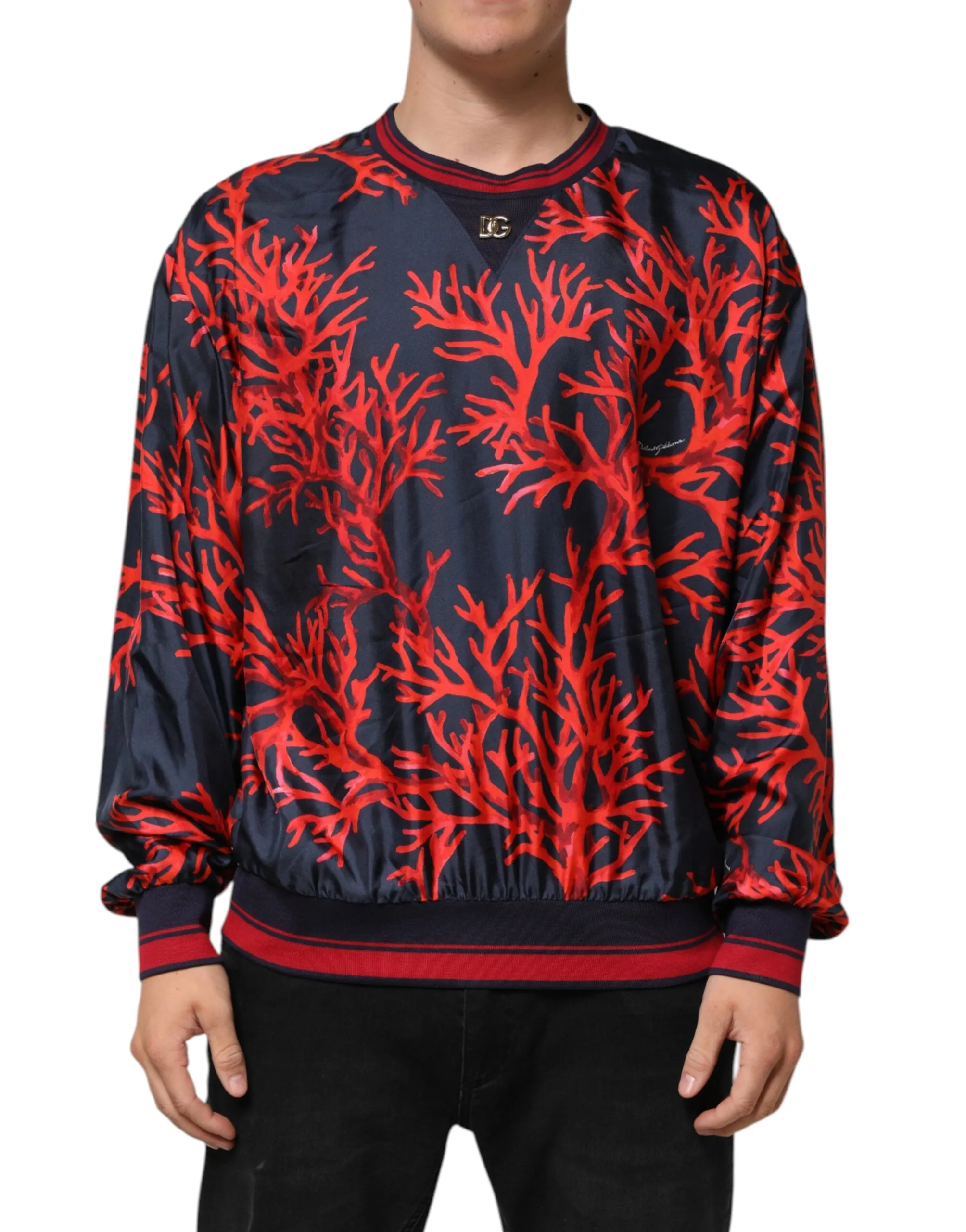 Dolce & Gabbana Silk Navy Red Coral Print Pullover Sweater sold by Siebentaschen