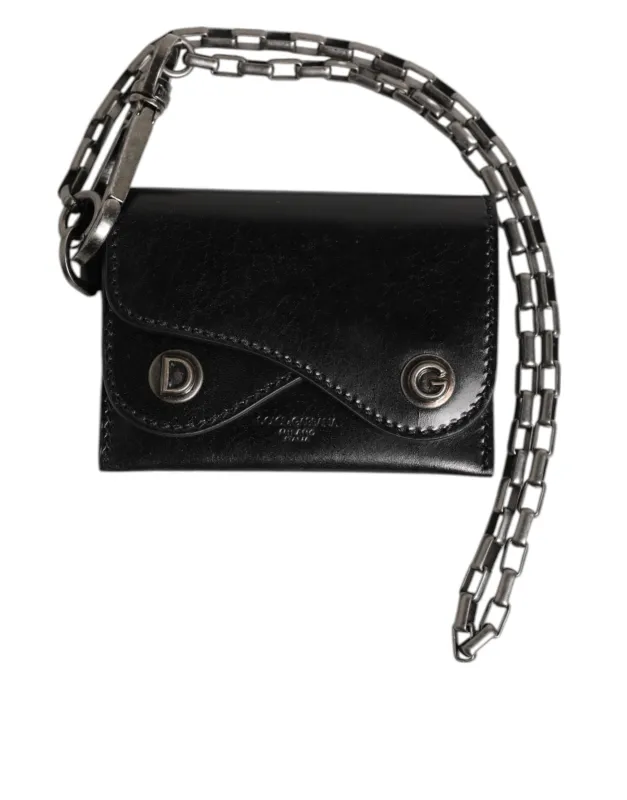 Dolce & Gabbana Black Cavallo Leather Wallet Chain Snap Bifold Card Holder sold by Siebentaschen