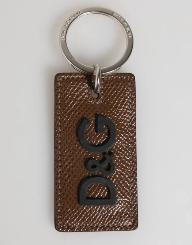 Dolce & Gabbana Dark Brown Leather Logo Metal Ring Keychain Holder Keyring sold by Siebentaschen