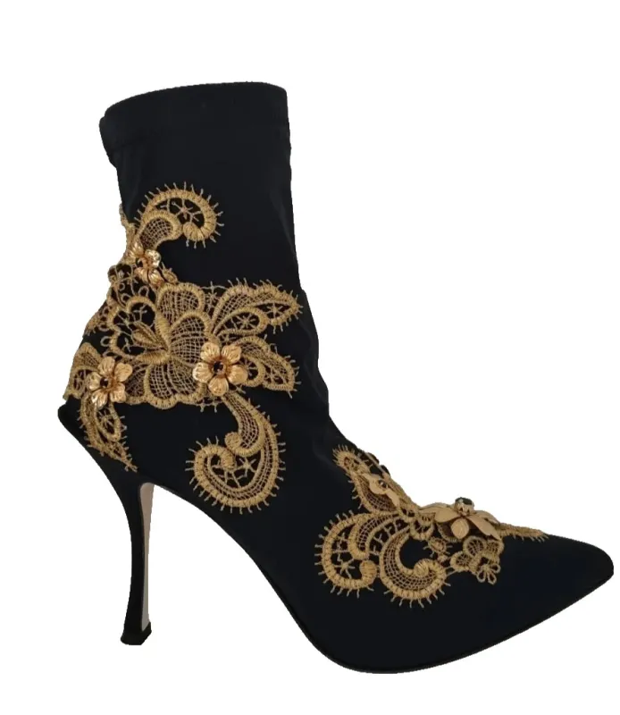 Dolce & Gabbana Black Gold Embroidery Crystal Boots Shoes sold by Siebentaschen