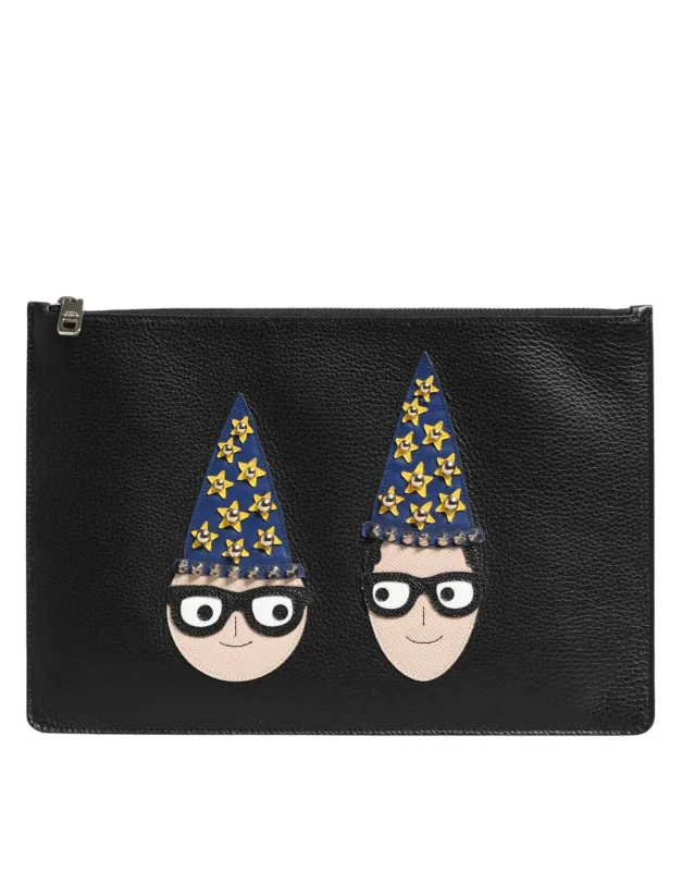 Dolce & Gabbana Black Leather #DGFAMILY Embellished Men Clutch Pouch Bag sold by Siebentaschen