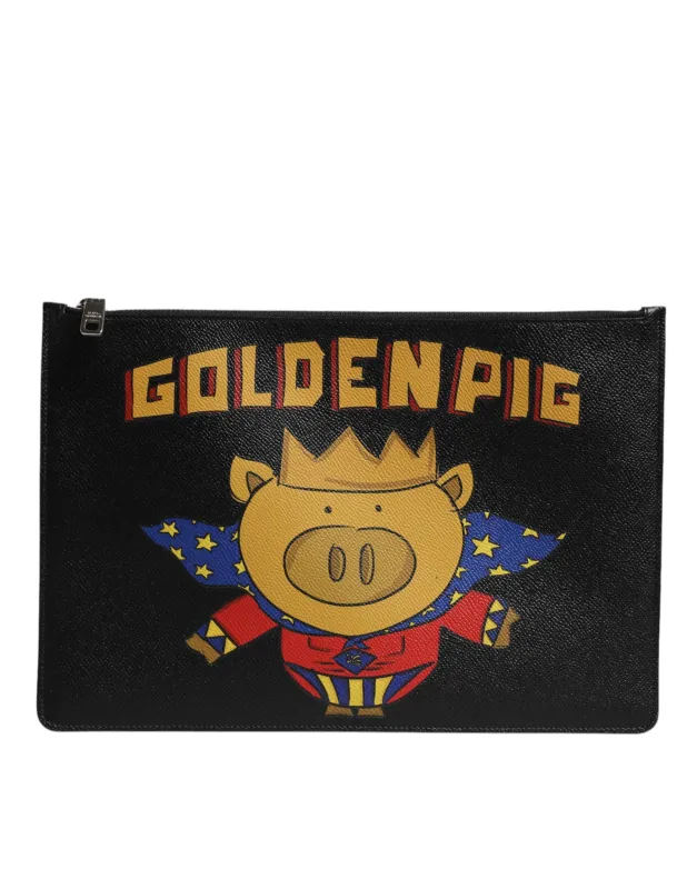 Dolce & Gabbana Black Leather Golden Pig Print Men Clutch Pouch Borse Bag sold by Siebentaschen