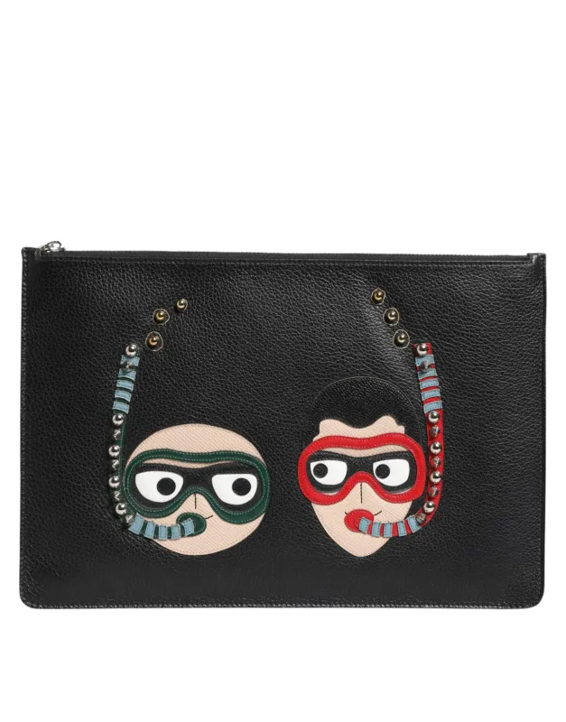 Dolce & Gabbana Black Leather #DGFAMILY Embellished Men Clutch Pouch Bag sold by Siebentaschen