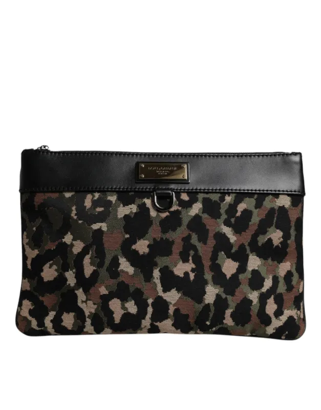Dolce & Gabbana Multicolor Leopard Print Jacquard Logo Plaque Pouch Bag sold by Siebentaschen