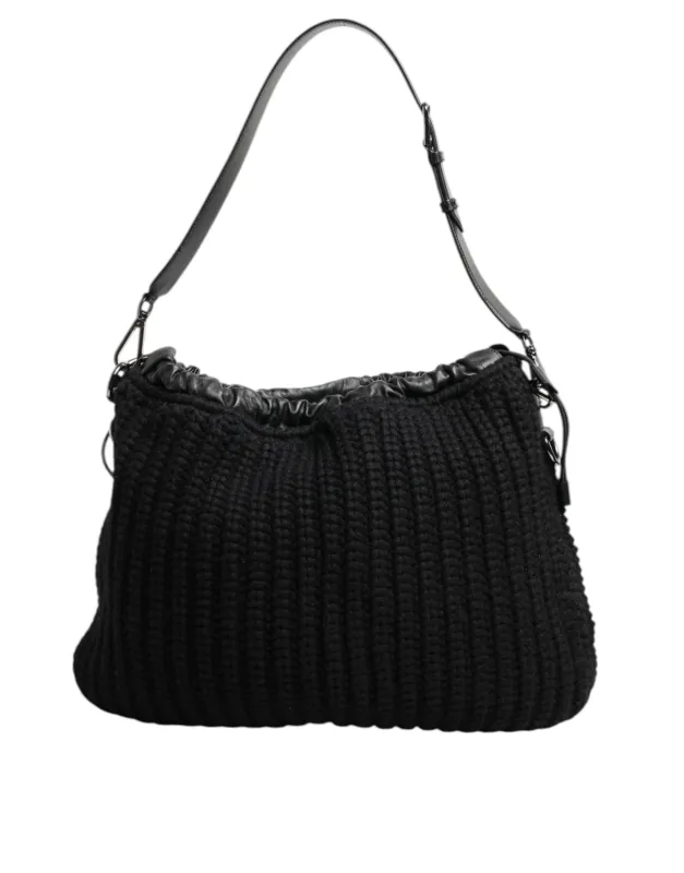 Dolce & Gabbana Black Cashmere Knitted Leather Shoulder Women Borse Bag sold by Siebentaschen