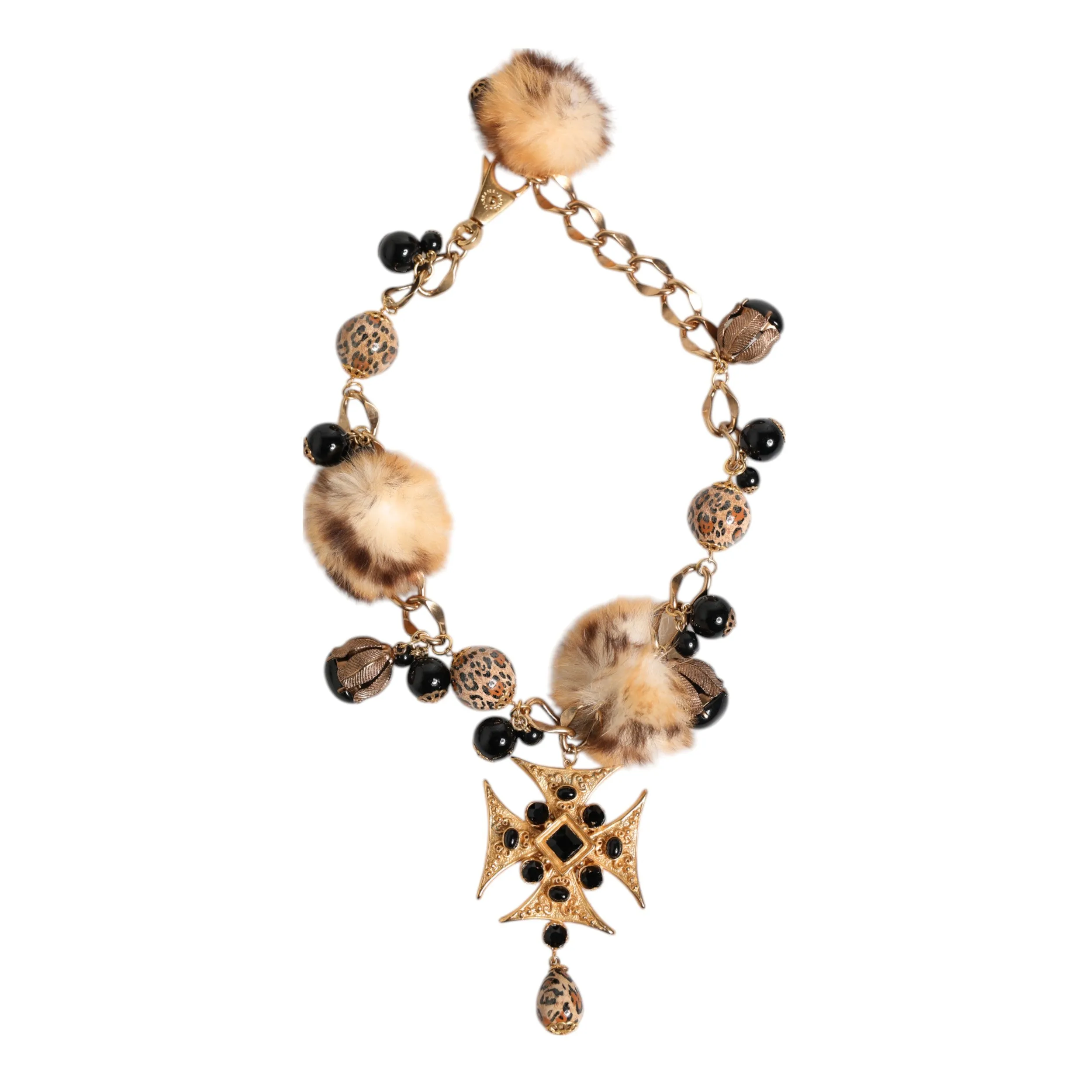 Dolce & Gabbana Gold Black Crystals Lapin Fur Filigree Choker Necklace sold by Siebentaschen