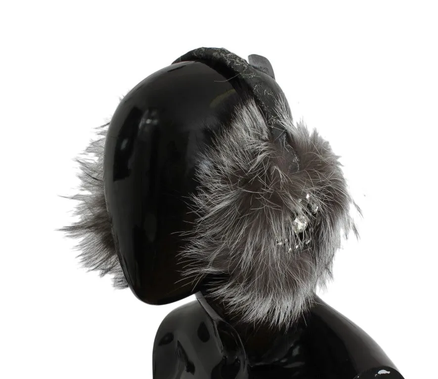 Dolce & Gabbana Gray Fox Fur Crystal Ear Muffs sold by Siebentaschen