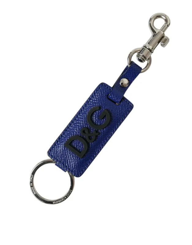 Dolce & Gabbana Blue Calf Leather DG Logo Silver Brass Keyring Keychain sold by Siebentaschen