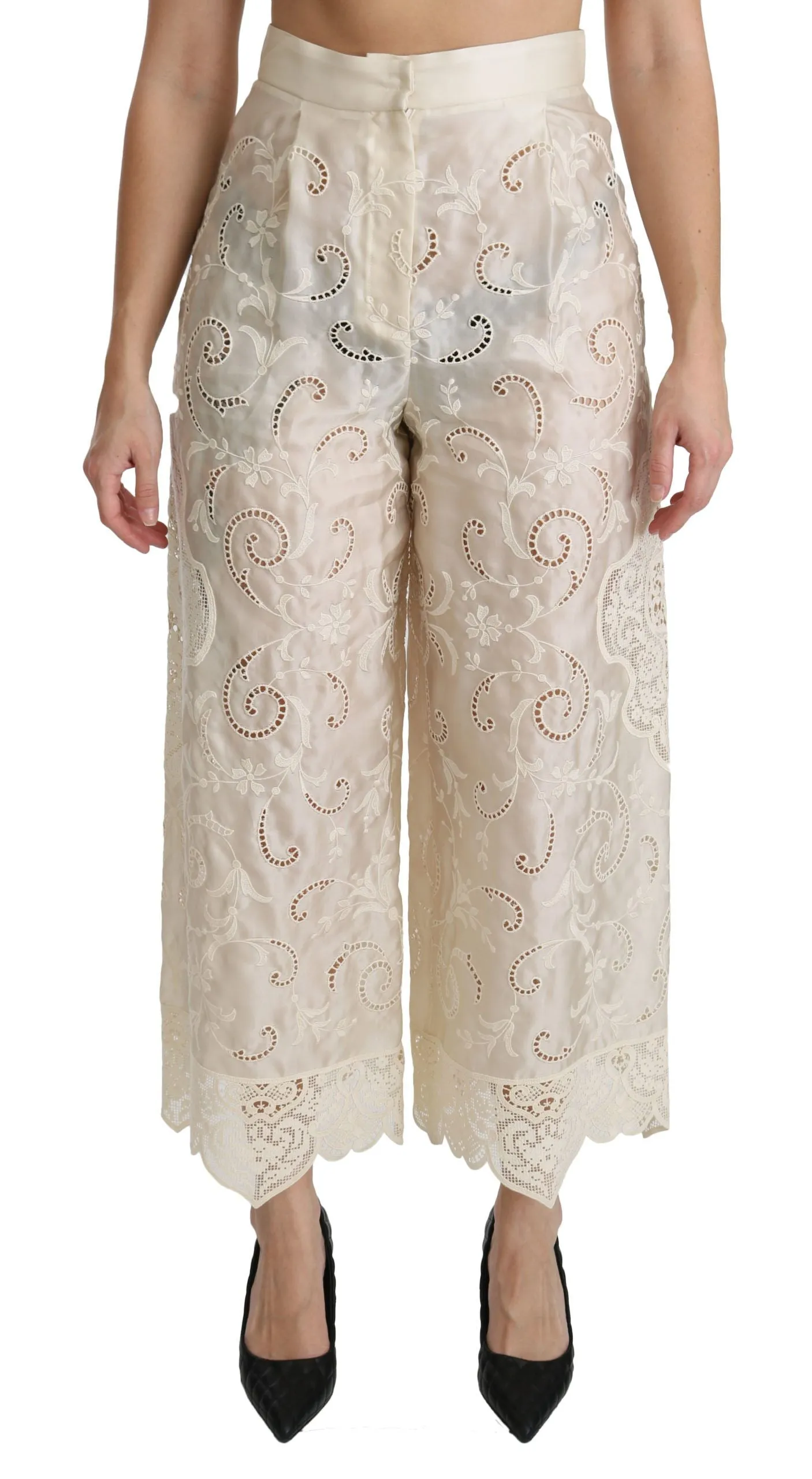 Dolce & Gabbana Cream Lace High Waist Palazzo Cropped Pants sold by Siebentaschen