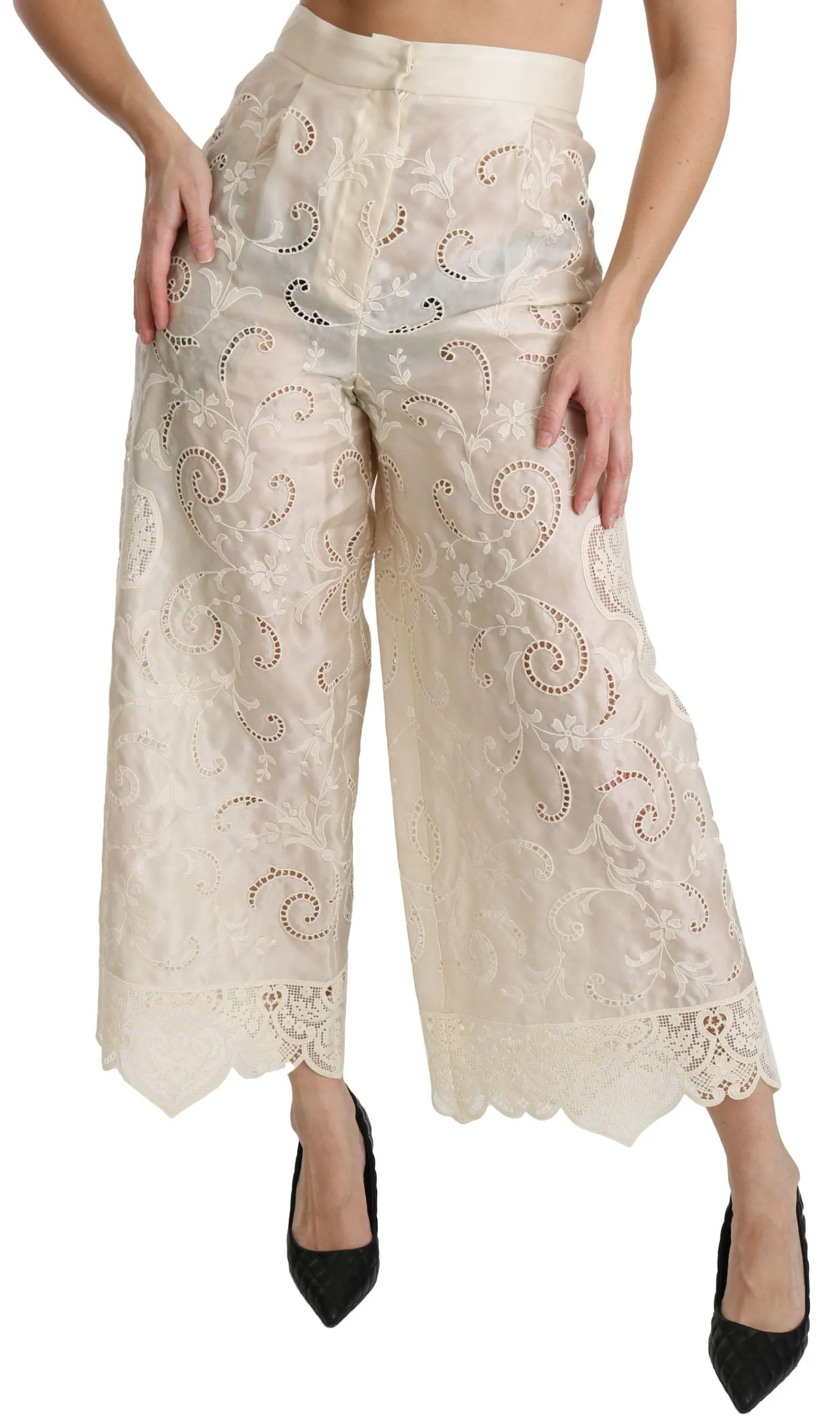 Dolce & Gabbana Cream Lace High Waist Palazzo Cropped Pants sold by Siebentaschen product image thumbnail 5