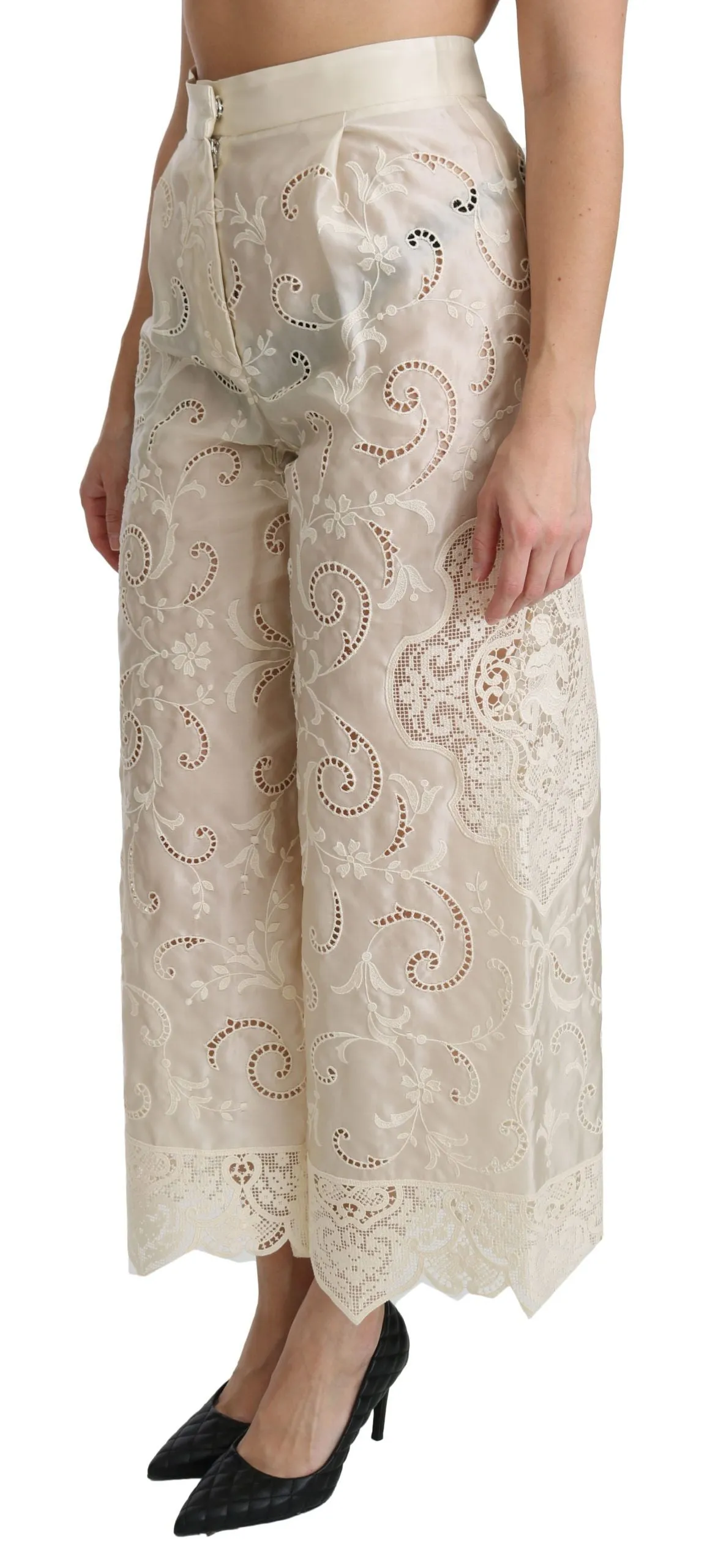 Dolce & Gabbana Cream Lace High Waist Palazzo Cropped Pants sold by Siebentaschen product image thumbnail 3